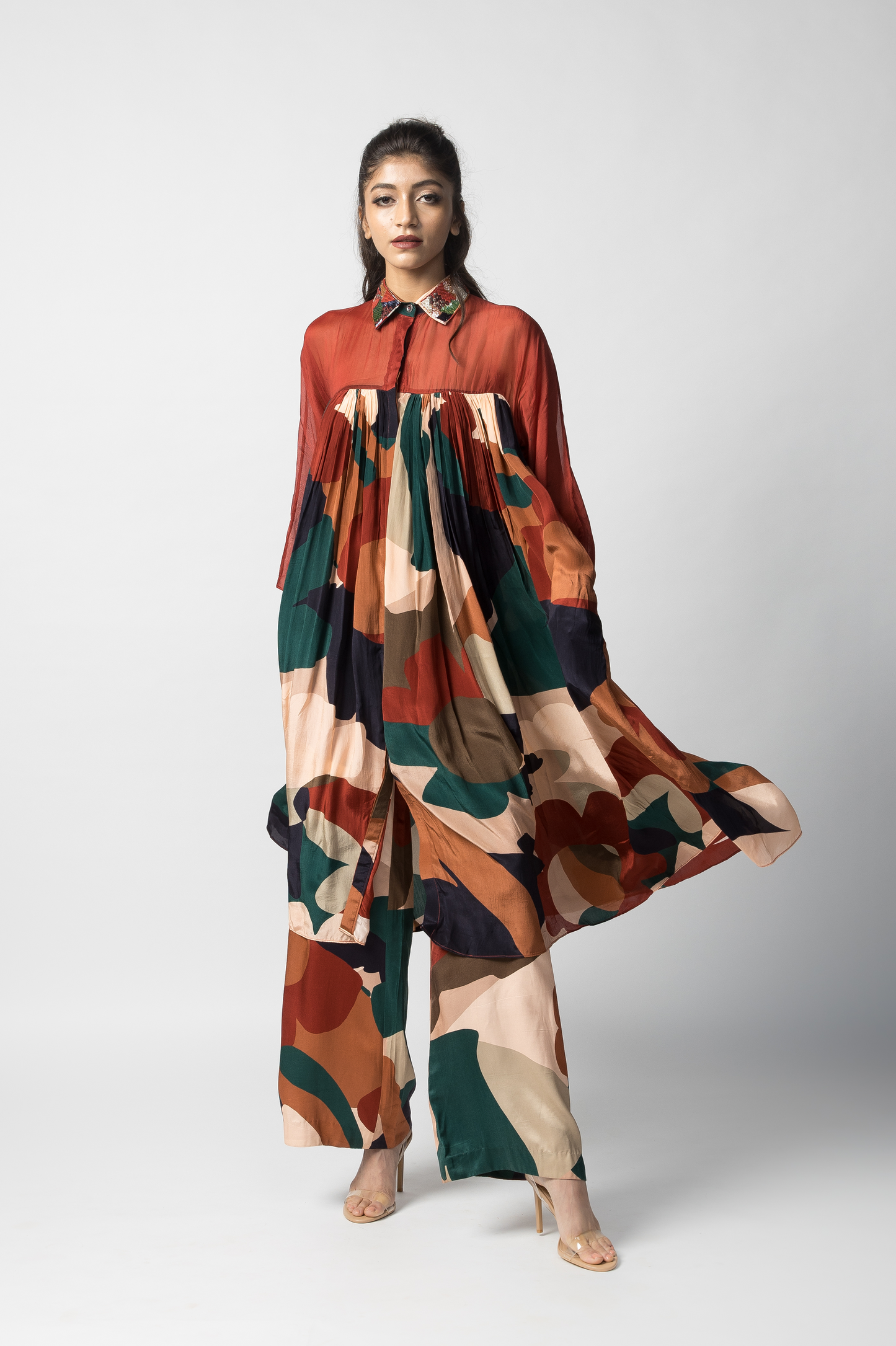 Ruby Paneled Shirt Dress With Trousers